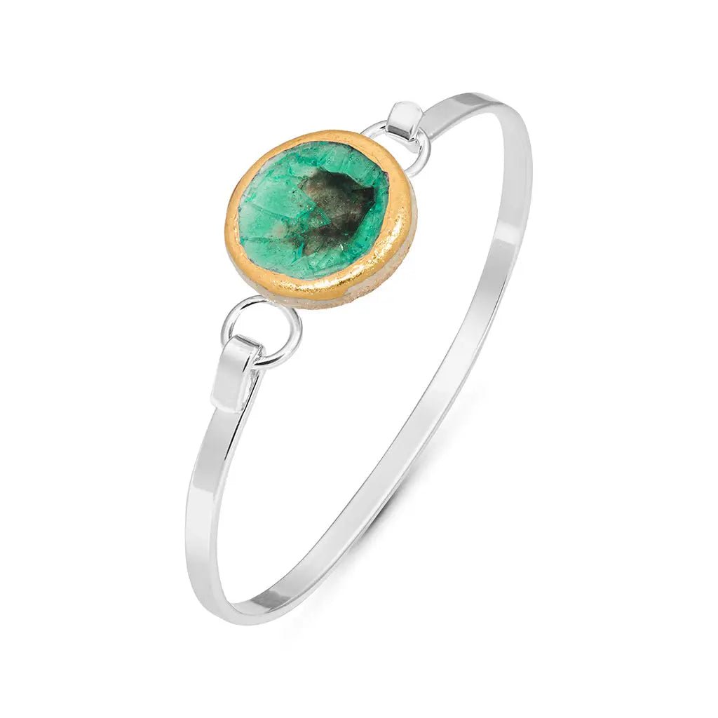 Laguna Verde Bangle – Emerald Glass & Silver - Plated Round Design - SALVESSA