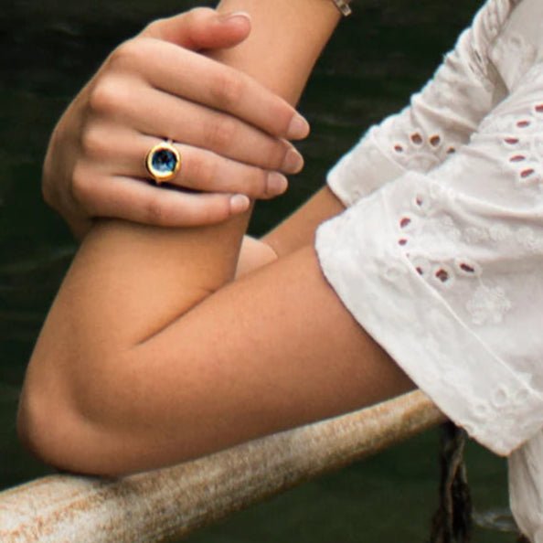 Oceanus Mini Ring – Handcrafted Adjustable Round Blue Glass - SALVESSA